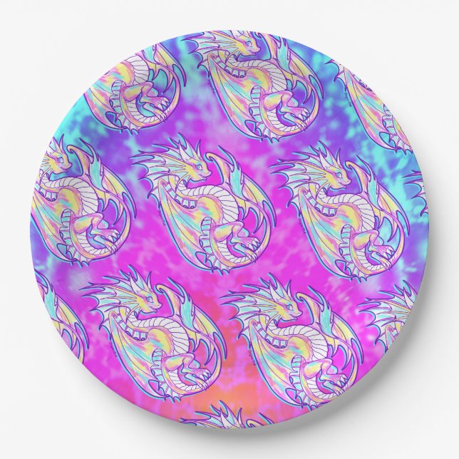 Pink Scribble Cute Girly Dragon Wyvern Inugami Paper Plate (Front)