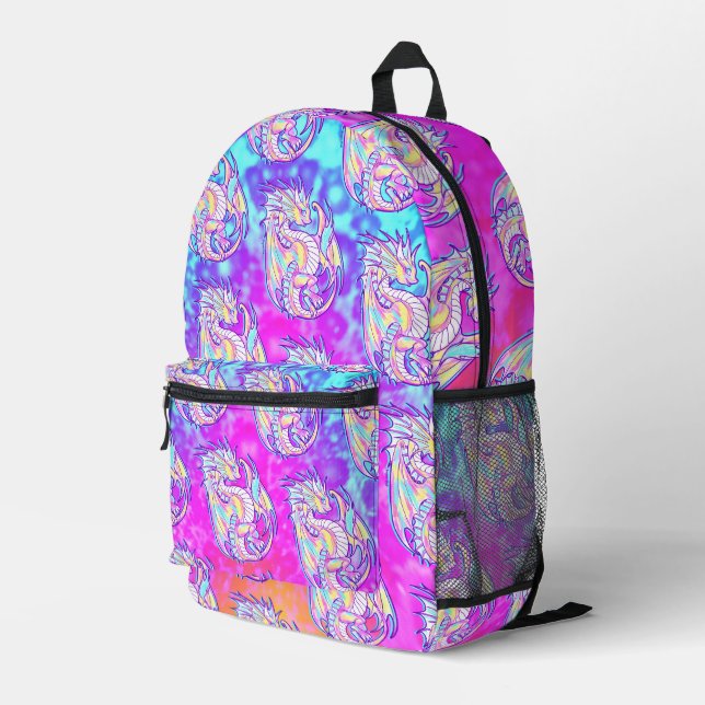 Pink Scribble Cute Girly Dragon Wyvern Inugami Printed Backpack (Back Corner Right)