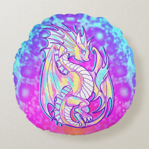 Pink Scribble Cute Girly Dragon Wyvern Inugami Round Cushion