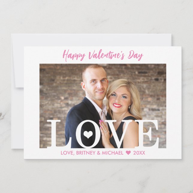 Pink Script | Big LOVE Letters Modern Photo Card (Front)