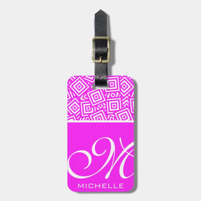 Pink Script BW Square Pile Monogrammed Luggage Tag (Front Vertical)