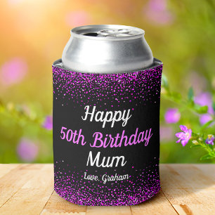 Pink Script Confetti Dots Black 50th Birthday Mum Can Cooler