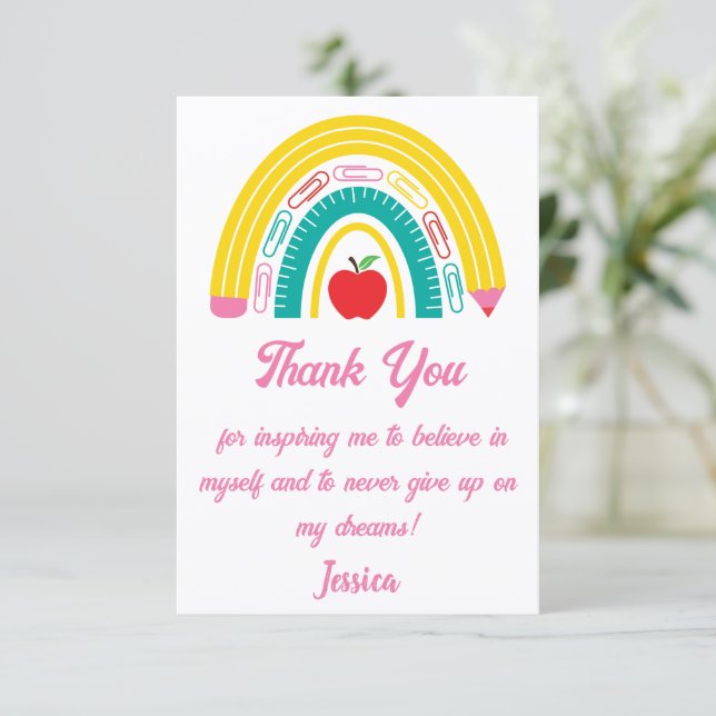 Pink Script, Cute Rainbow Teacher Appreciation  Thank You Card (Standing Front)