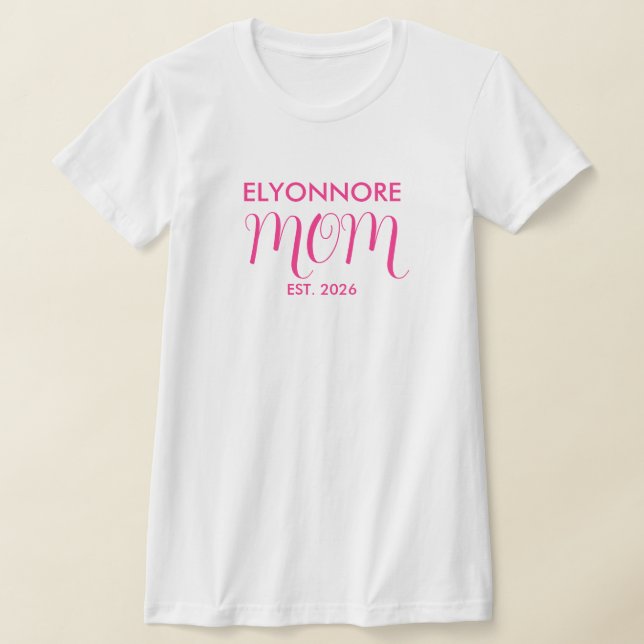 Pink Script Established Mum White Custom Name T-Shirt (Laydown)