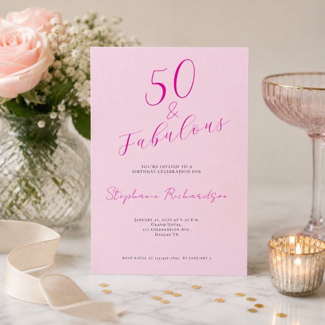 Pink Script Fifty and Fabulous 50th Birthday Party Invitation (Add name and event details to customize your party invitation.)