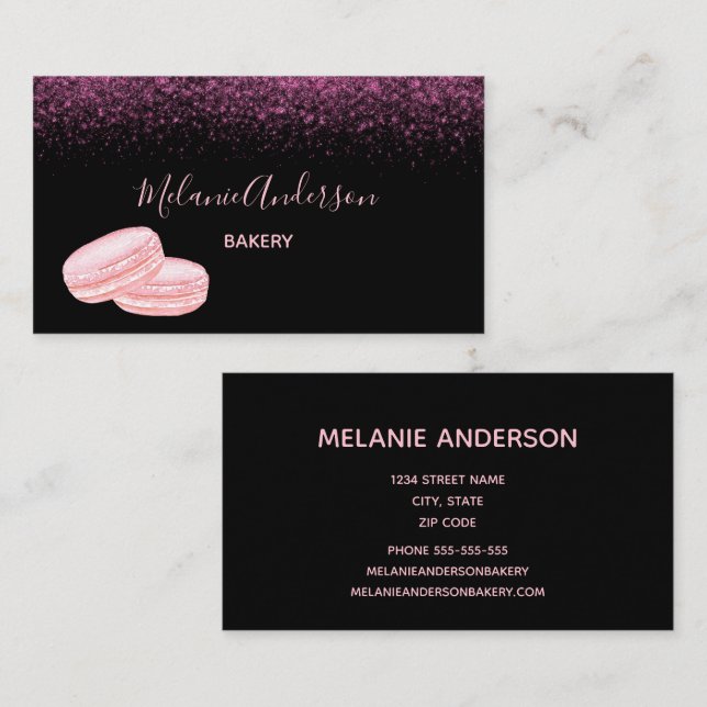Pink Script Glitter Macarons Bakery  Business Card (Front/Back)