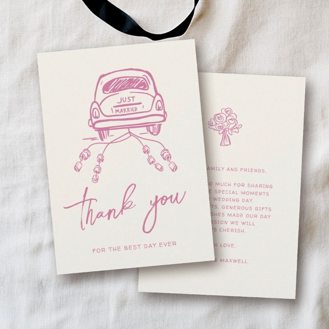 Pink Script Handdrawn Trendy Wedding Car Thank You Card (Creator Uploaded)