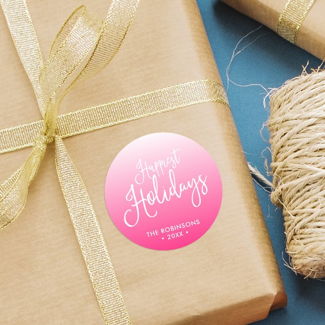 Pink Script Happiest Holidays Holiday Classic Round Sticker (Creator Uploaded)