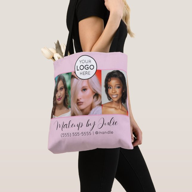 Pink Script Logo and Three Photo Makeup Studio Tote Bag (Close Up)