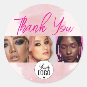 Pink Script Logo QR Code Photo Watercolor Makeup  Classic Round Sticker