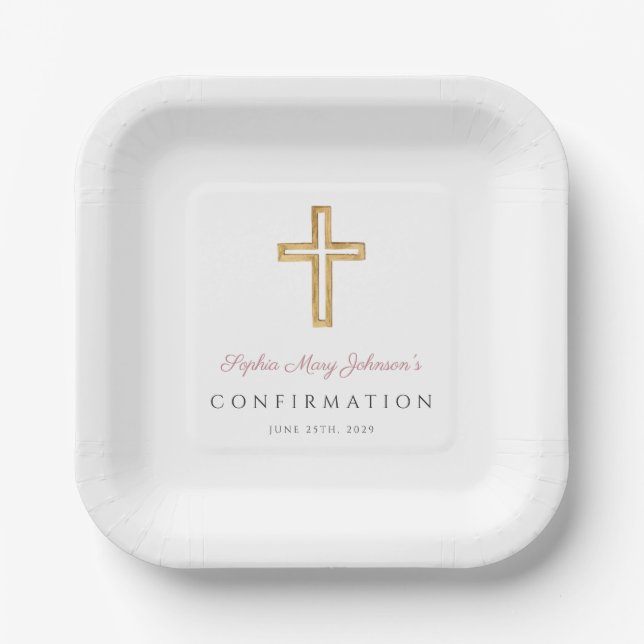 Pink Script Religious Cross Girl Confirmation Paper Plate (Front)