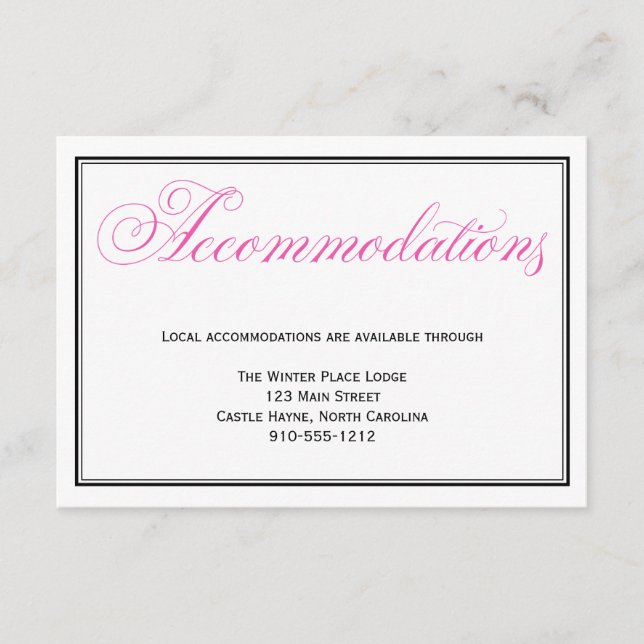 Pink Script Wedding Accommodations Detail Card (Front)