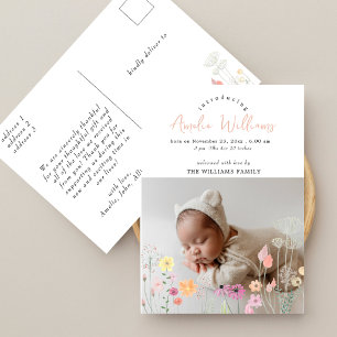 Pink Script Wildflowers Overlay Photo Baby Shower Postcard