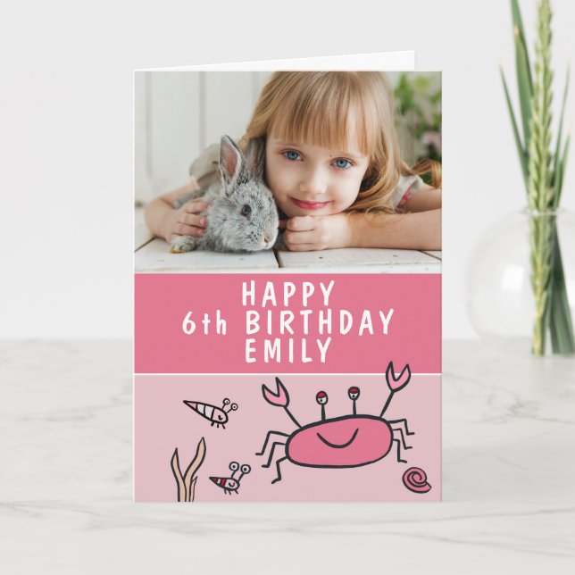 Pink Sea Animals Crab Shell Girl Birthday Photo Card (Front)