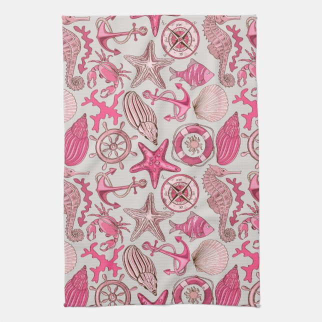 Pink Sea Pattern Tea Towel (Vertical)