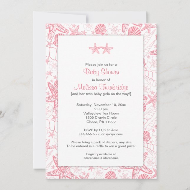 Pink Sea Shells Starfish Twin girls baby shower Invitation (Front)