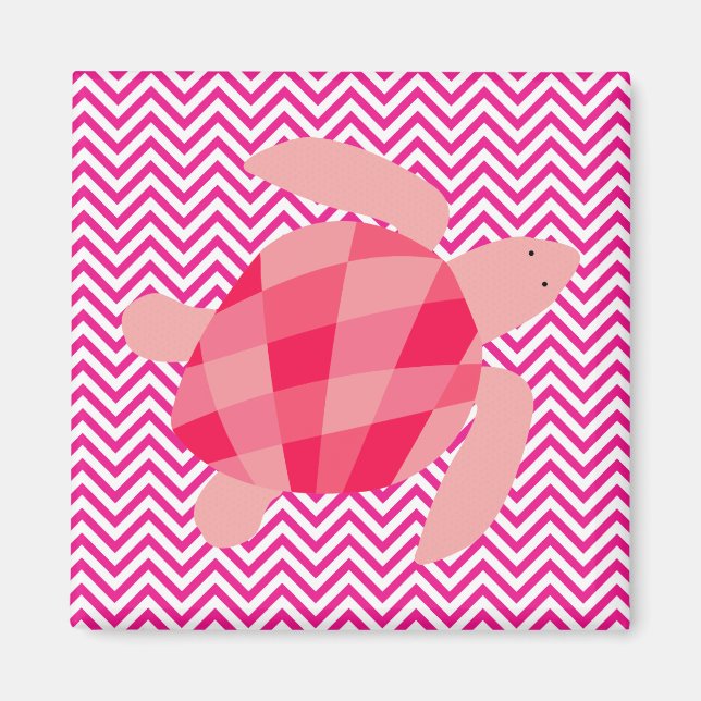 Pink Sea Turtle on Pink Chevron Stripe Magnet (Front)