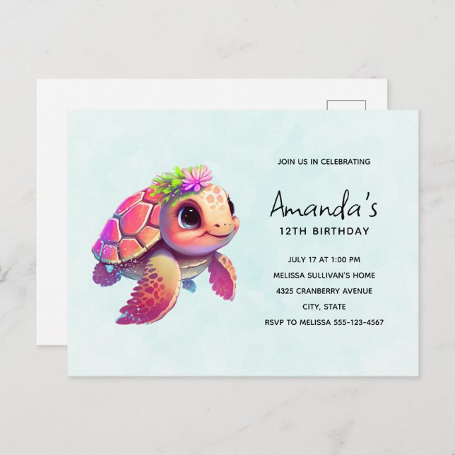 Pink Sea Turtle Whimsical & Cute Birthday Invitation Postcard (Front/Back)