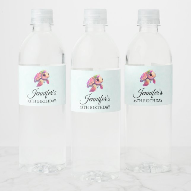Pink Sea Turtle Whimsical & Cute Party Water Bottle Label (Bottles)