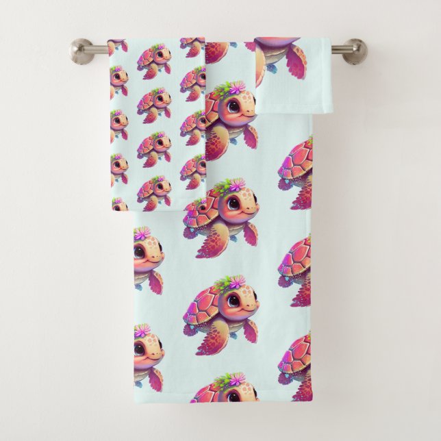 Pink Sea Turtle Whimsical & Cute Patterned Bath Towel Set (Insitu)