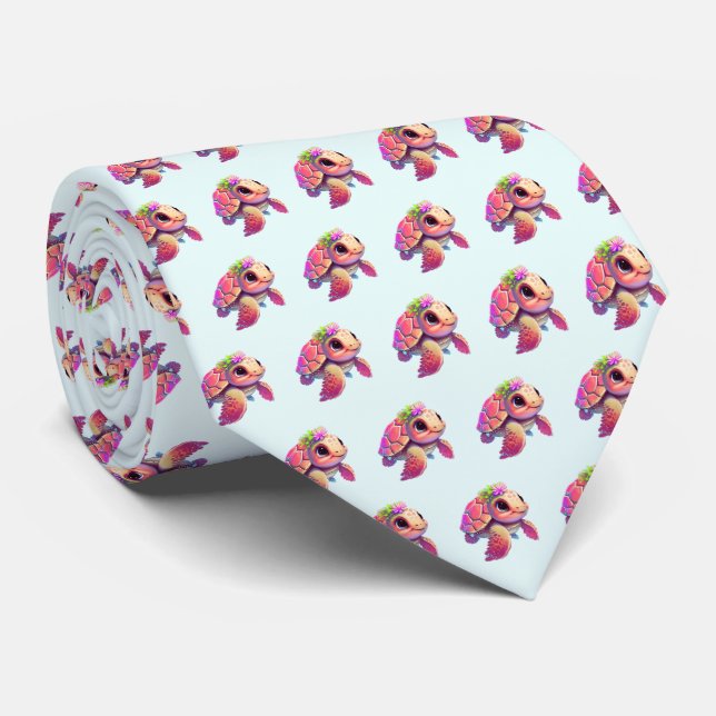 Pink Sea Turtle Whimsical & Cute Patterned Tie (Rolled)