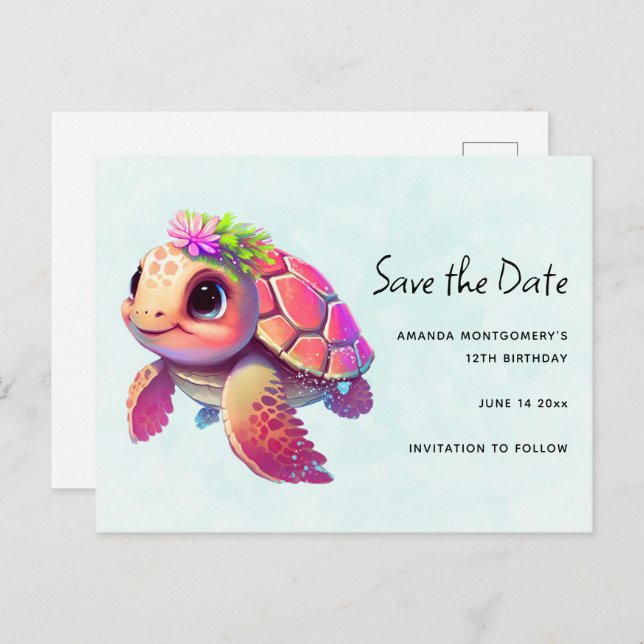 Pink Sea Turtle Whimsical & Cute Save the Date Invitation Postcard (Front/Back)