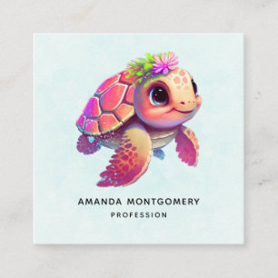 Pink Sea Turtle Whimsical & Cute Square Business Card