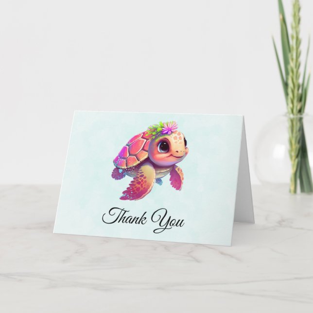 Pink Sea Turtle Whimsical & Cute Thank You Card (Front)