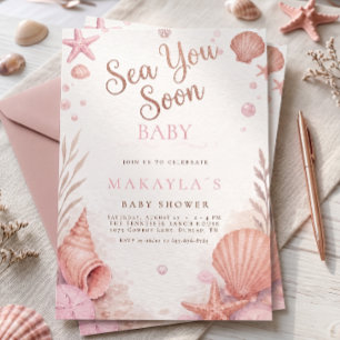 Pink Sea You Soon Coastal Girl Baby Shower Invitation