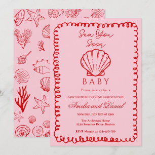 Pink Sea You Soon Hand Drawn Ocean Seashell Baby Invitation