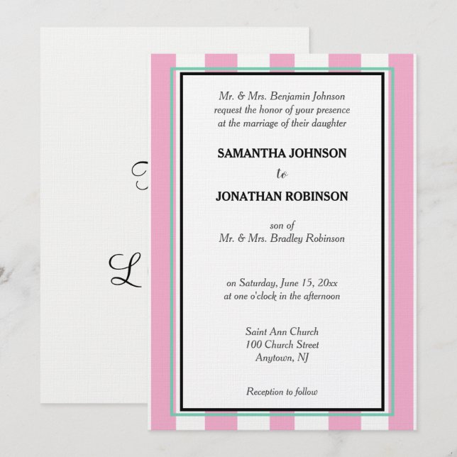 Pink  Seafoam Green White Stripes Invitation (Front/Back)