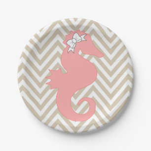 Pink Seahorse Beach Theme Paper Plates