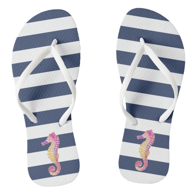 pink seahorse on navy stripes jandals (Footbed)