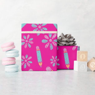 Pink Seamless Wrapping Paper: Flower and Pencil Paper