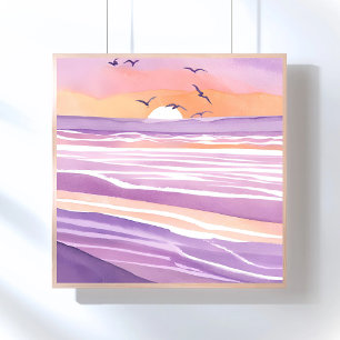 Pink Seas   Watercolor Sunset Ocean Waves Poster