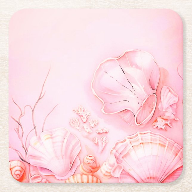 Pink Seashell Dark Square Paper Coaster (Front)