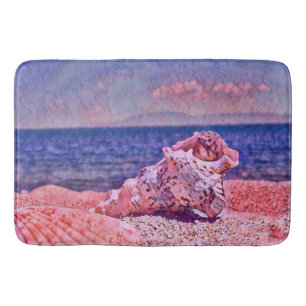 Pink seashell near purple sea watercolor painting  bath mat