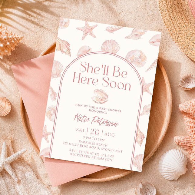 Pink Seashell She'll Be Here Baby Shower Invitation (Creator Uploaded)