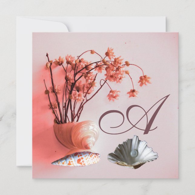 PINK SEASHELLS,FLOWERS MONOGRAM Beach Wedding Invitation (Front)