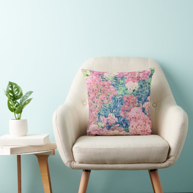 Pink Sedum Painterly-Blue accents Throw Pillow (Chair)