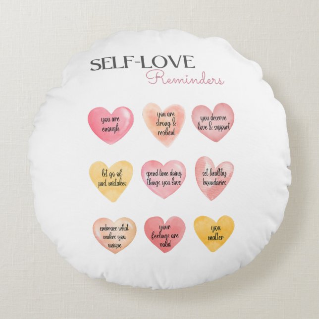 Pink Self-Love Affirmation Hearts Round Cushion (Front)