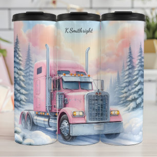 Pink Semi Truck Winter Landscape Thermal Tumbler