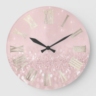 Pink Sepia Grey Silver Glitter Metal Roman Numers Large Clock