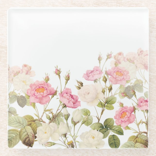 Pink Sepia Vintage Roses Meadow Illustration Glass Coaster (Front)