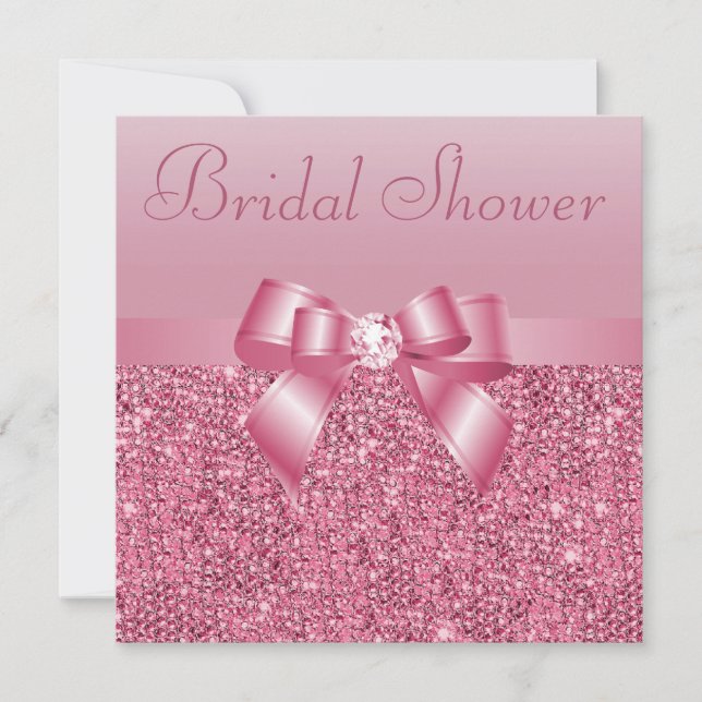 Pink Sequins, Bow & Diamond Bridal Shower Invitation (Front)