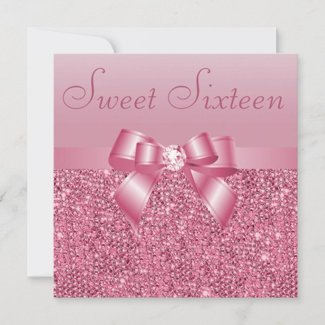 Pink Sequins, Bow & Diamond Sweet 16 Invitation (Front)