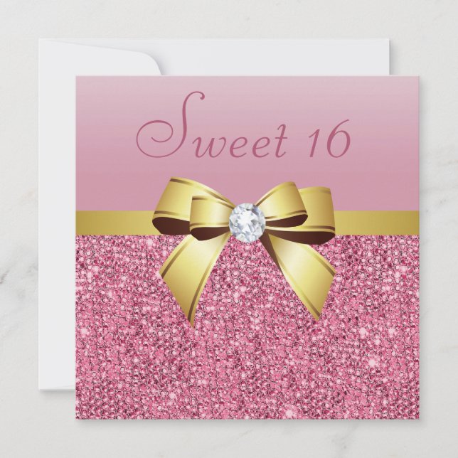 Pink Sequins, Gold Bow & Diamond Sweet 16 Invitation (Front)