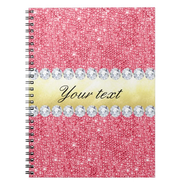 Pink Sequins Gold Foil and Diamonds Spiral Notebook (Front)