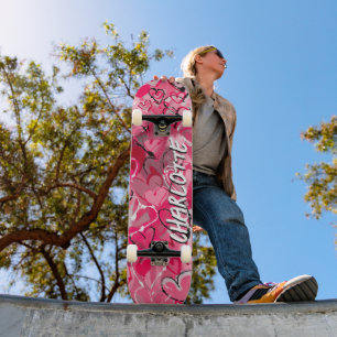 Pink Serenity: Playful Graffiti Love Hearts Skateboard