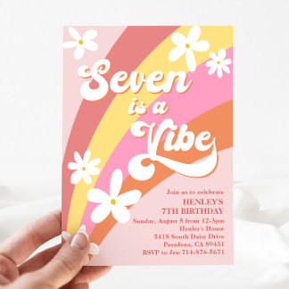 Pink Seven Is a Vibe Retro Daisy Rainbow Birthday Invitation
